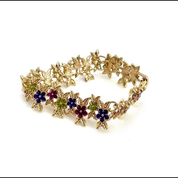 Bracelet Gold Tone With Flowers 8” - Picture 5 of 13
